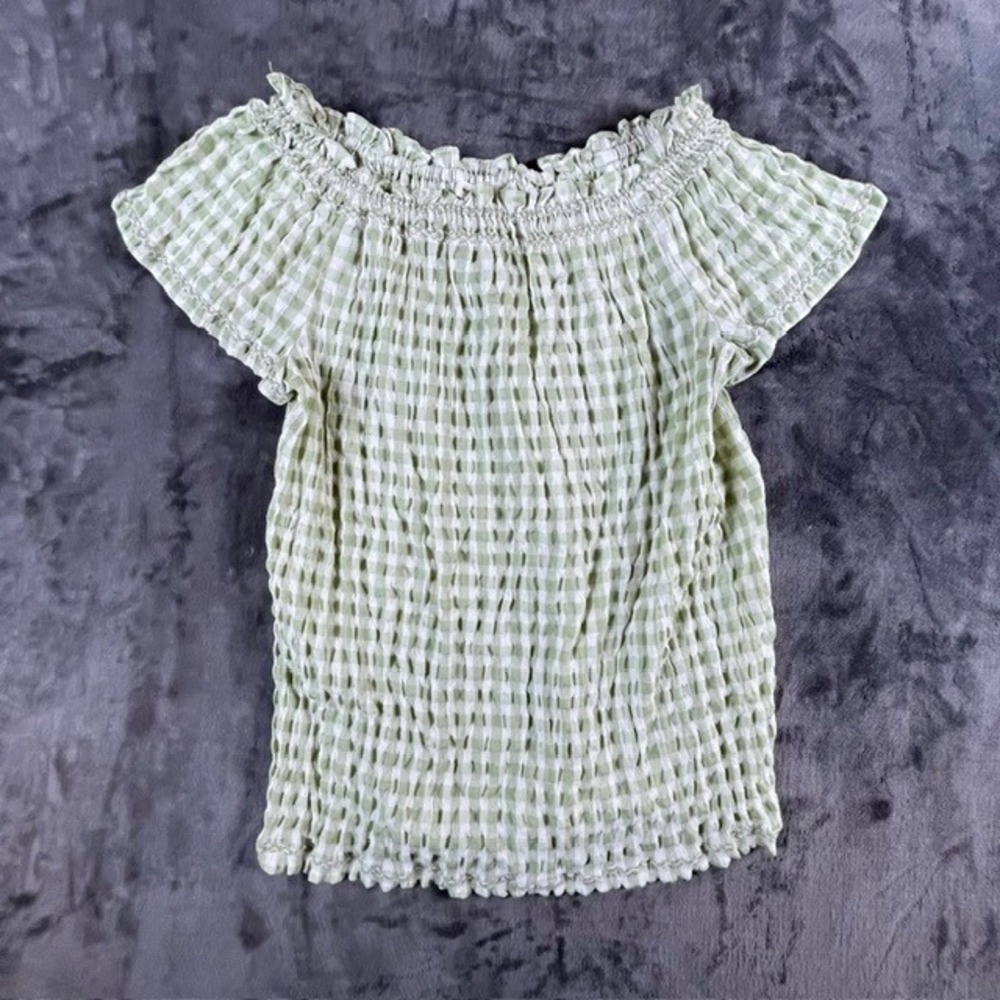 Max Studio Green White Gingham Crinkle Textured Ruffle Neck Top XL